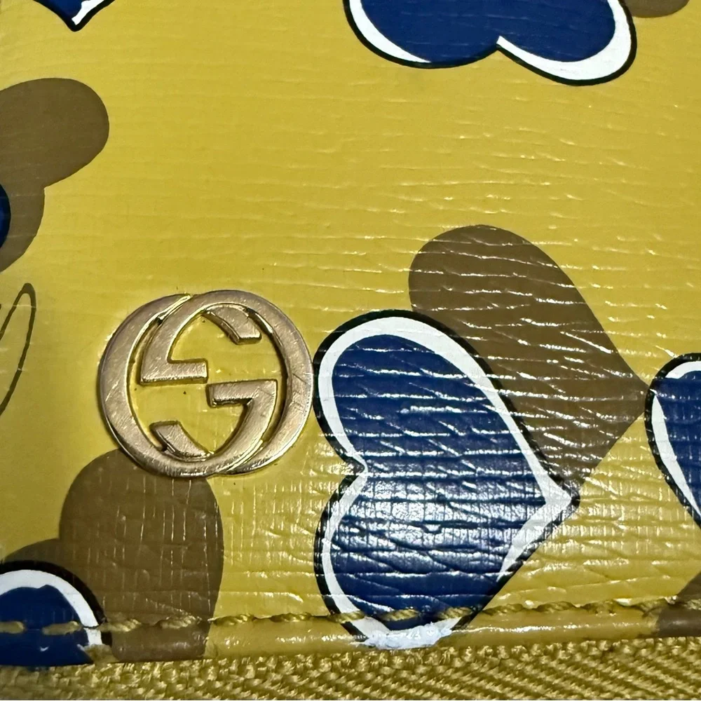 Like New Gucci Yellow/Green Wallet with Blue Hearts 7.5” x 4” Includes COA